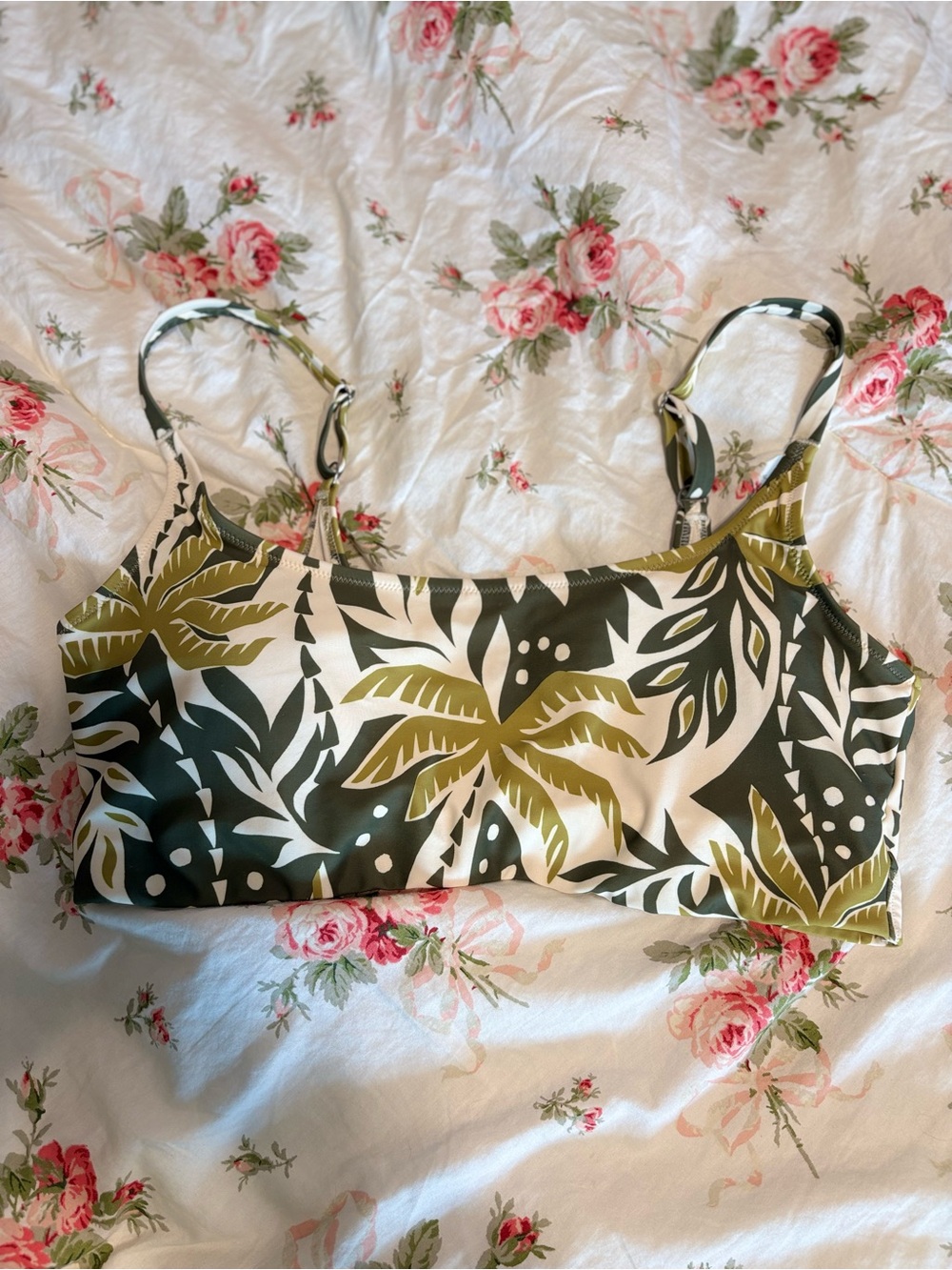 Old Navy Olive & White Tropical Print Bikini Top